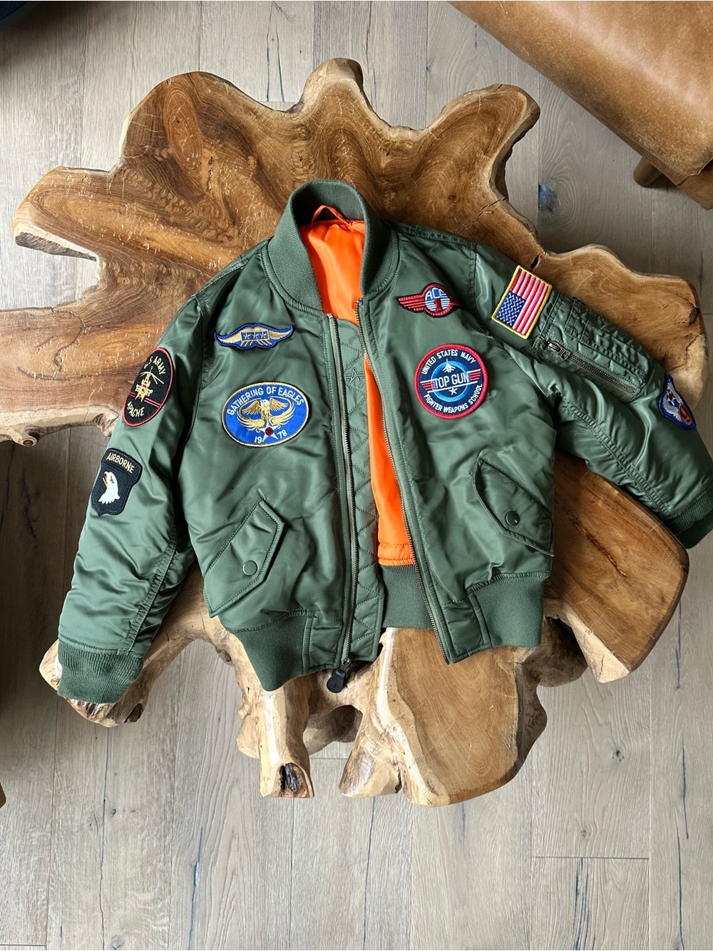 Olive Green Bomber Jacket with Patches - Orange Lining